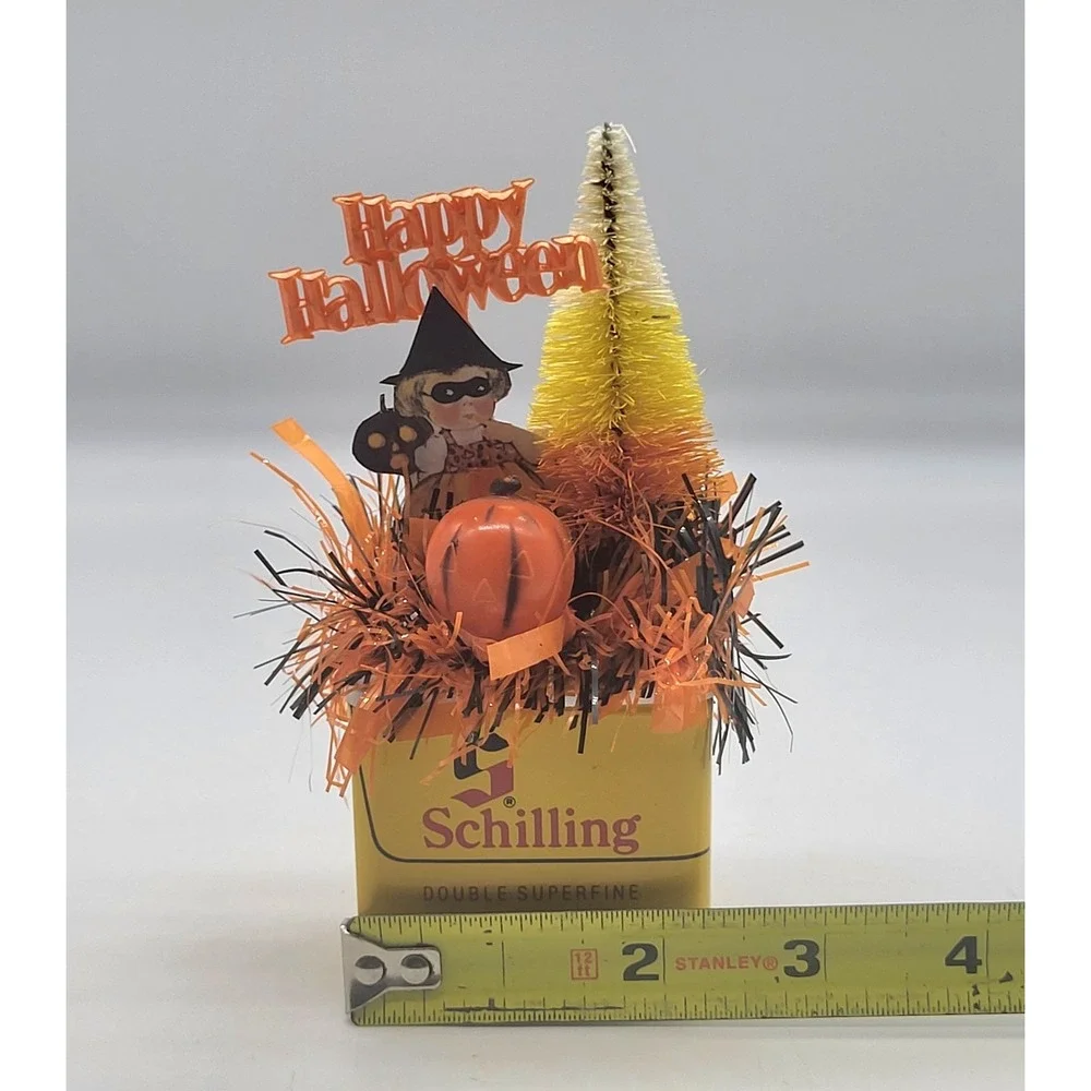 Halloween Tiered Tray Decor Assemblage Art Vintage Schilling Tin Witch OOAK
